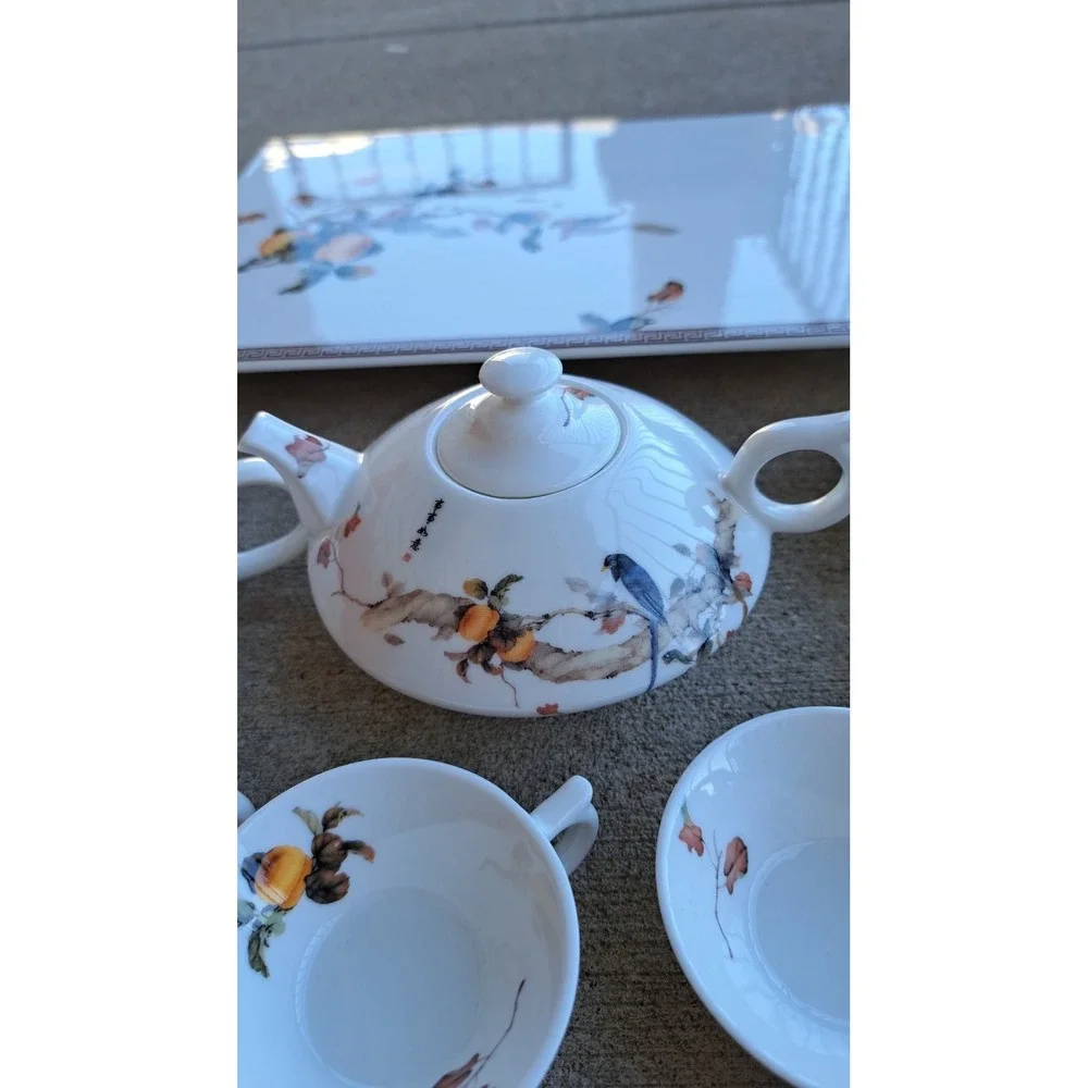 Demeilan Fine Bone China VTG Chinese Miniature Tea Set Teapot Creamer 6 Cup Tray